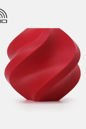 Et geometrisk, spiralformet objekt - 3D-printet med Bambu Lab Maroon Red (Refill) PLA - hviler på en hvid baggrund. Øverst til venstre sidder et RFID-symbol med buede linjer over ordet "RFID".